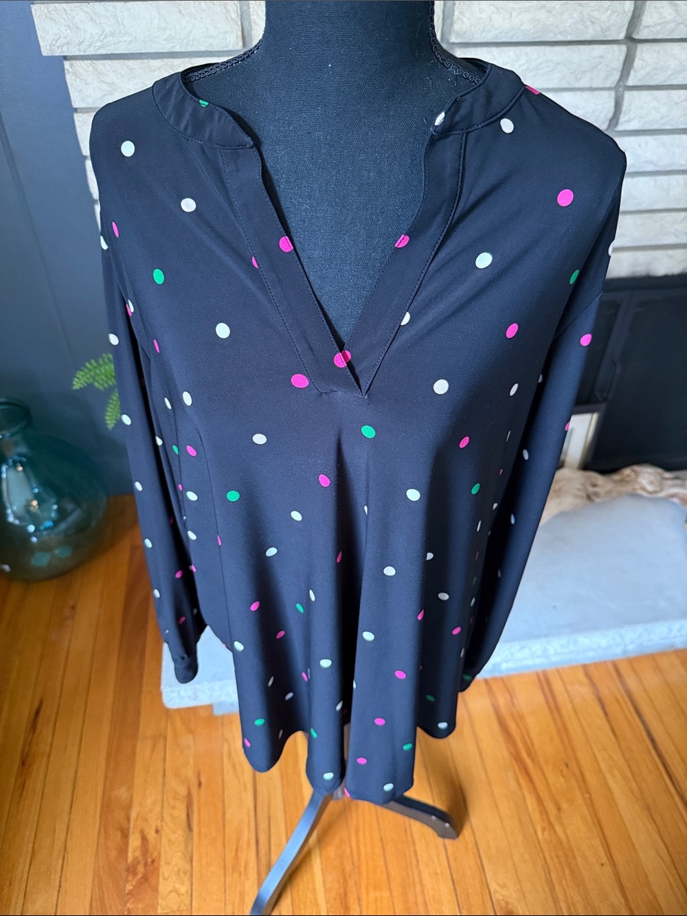Anne Klein Black Polka Dot Split-Neck Tunic